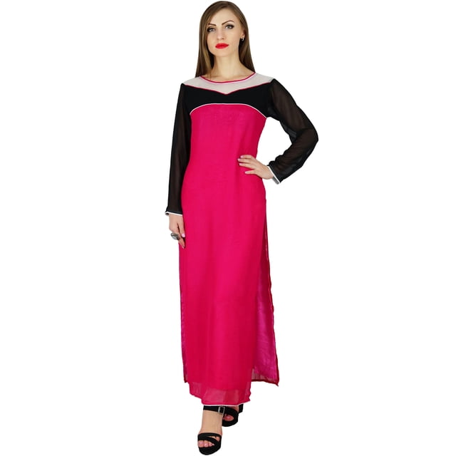 Bimba Femme Longue Kurta Kurti Droite Rose Georgette Manches Longues Blouse Indienne