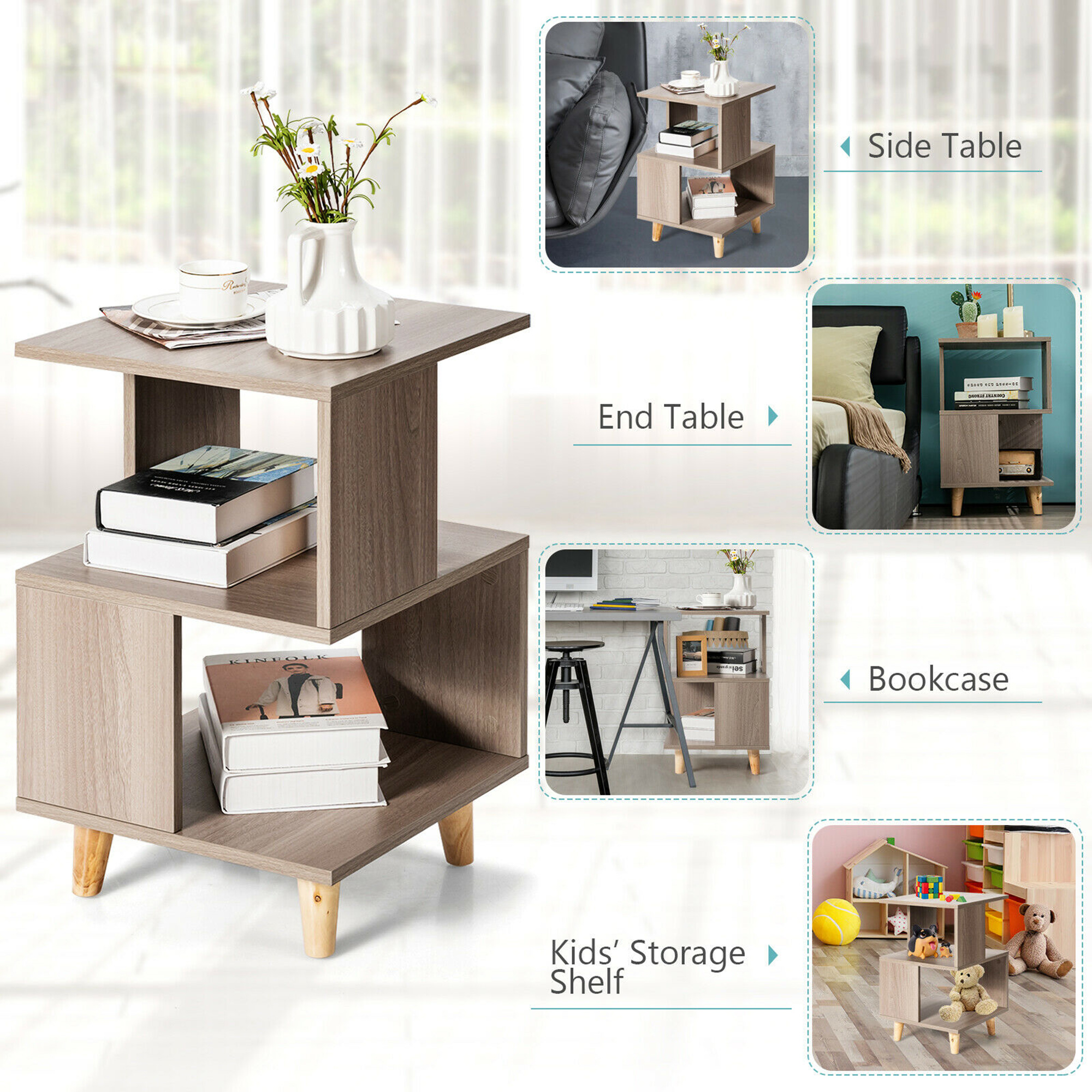 Gymax 2-Pieces Nightstand Set Wood Legs Storage Shelf Modern Side End Table Grey