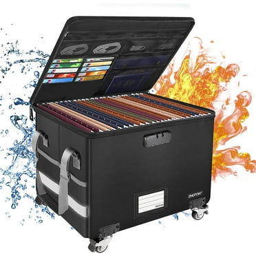 File Box with Wheels, Fireproof Document Box with Lock,Collapsible Rolling File Storage Organizer Box Filing Cabinet with Pockets,Portable Home Office Safe Box for Hanging Letter/Legal Folder