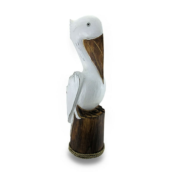 Statue en Bois Sculptée / Peinte à la Main Pelican sur Empilage Décor Côtier
