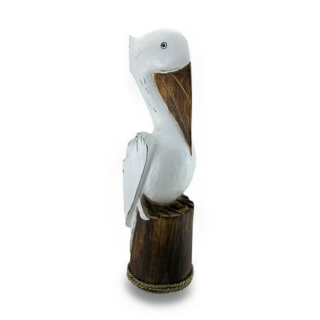 Zeckos Hand Carved / Painted Wood Pelican On Piling Statue Coastal