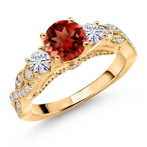 Gem Stone King 18K Yellow Gold Plated Silver Red Garnet and White Moissanite Engagement Ring for Women (1.47 Cttw, Gemstone January Birthstone, Round 6MM and 3MM, Size 7)