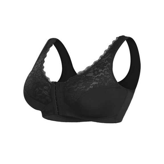 Elainilye Fashion Womens Bras No Underwire Traceless Underwear Comfortable Lace Front Buckle Bra Breathable Gathering Bra,Black