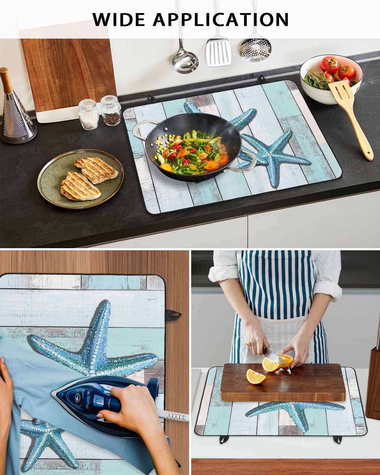 nqOlkjepod Large Induction Cooktop Protector Mat 24"x21", Teal Blue Starfish Stove Top Covers for Electric Stove, Summer Beach Coastal Retro Wooden Stove Burner Cover Mats, Glass Top Stove Cover