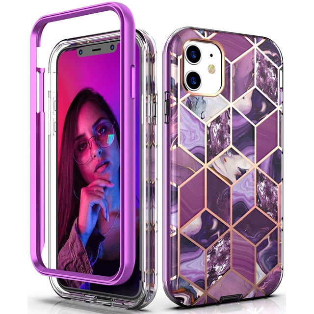 iPhone 11 case,Dual Layer Hybrid Bumper Clear Rose Gold Marble Design Soft TPU+Hard Back Heavy Duty Anti-Scratch Shockproof Protective Phone Case for Apple iPhone 11 6.1 inch-Purple/Rose Gold