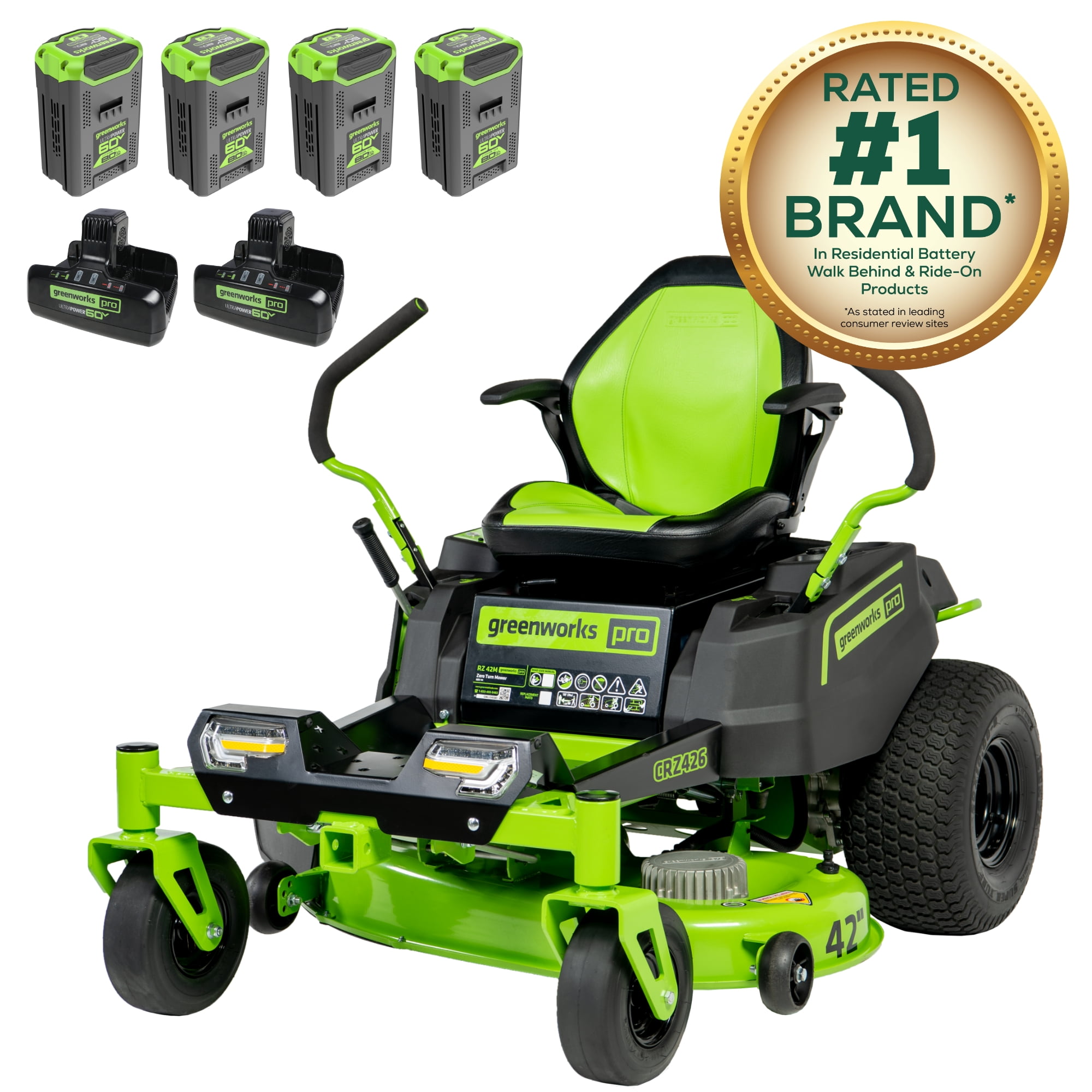 Greenworks 60V 42” Electric CrossoverZ Zero Turn Mower with (4) 8 Ah  Batteries and (2) Dual Port Turbo Chargers 7420502