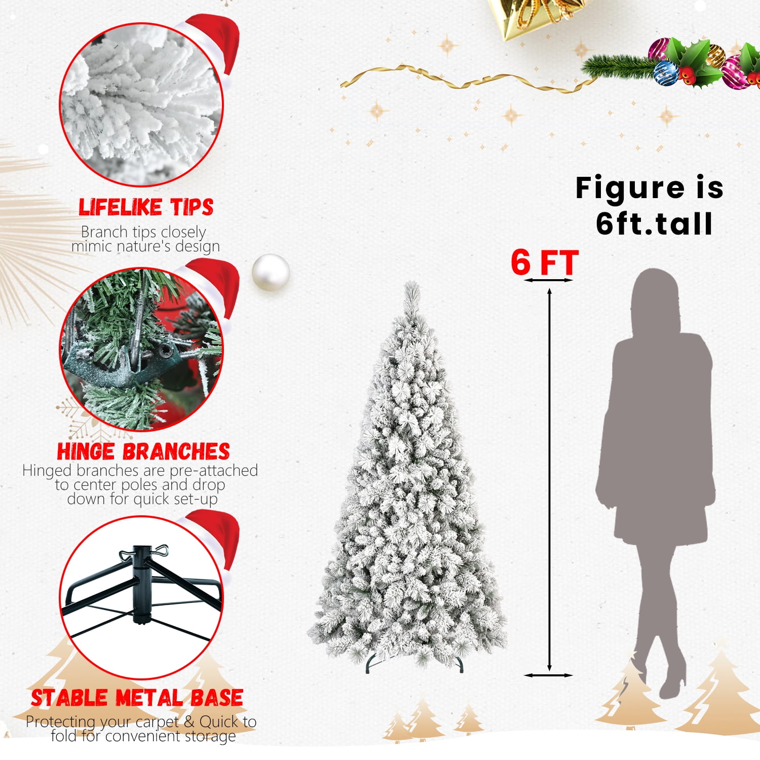 Euroco 9FT Flocked Christmas Tree with 1964 Tips – Snowy PVC & Hard Needle Branches, Hinged Structure for Easy Setup, Stable Metal Stand – Realistic Full-Body Holiday Tree