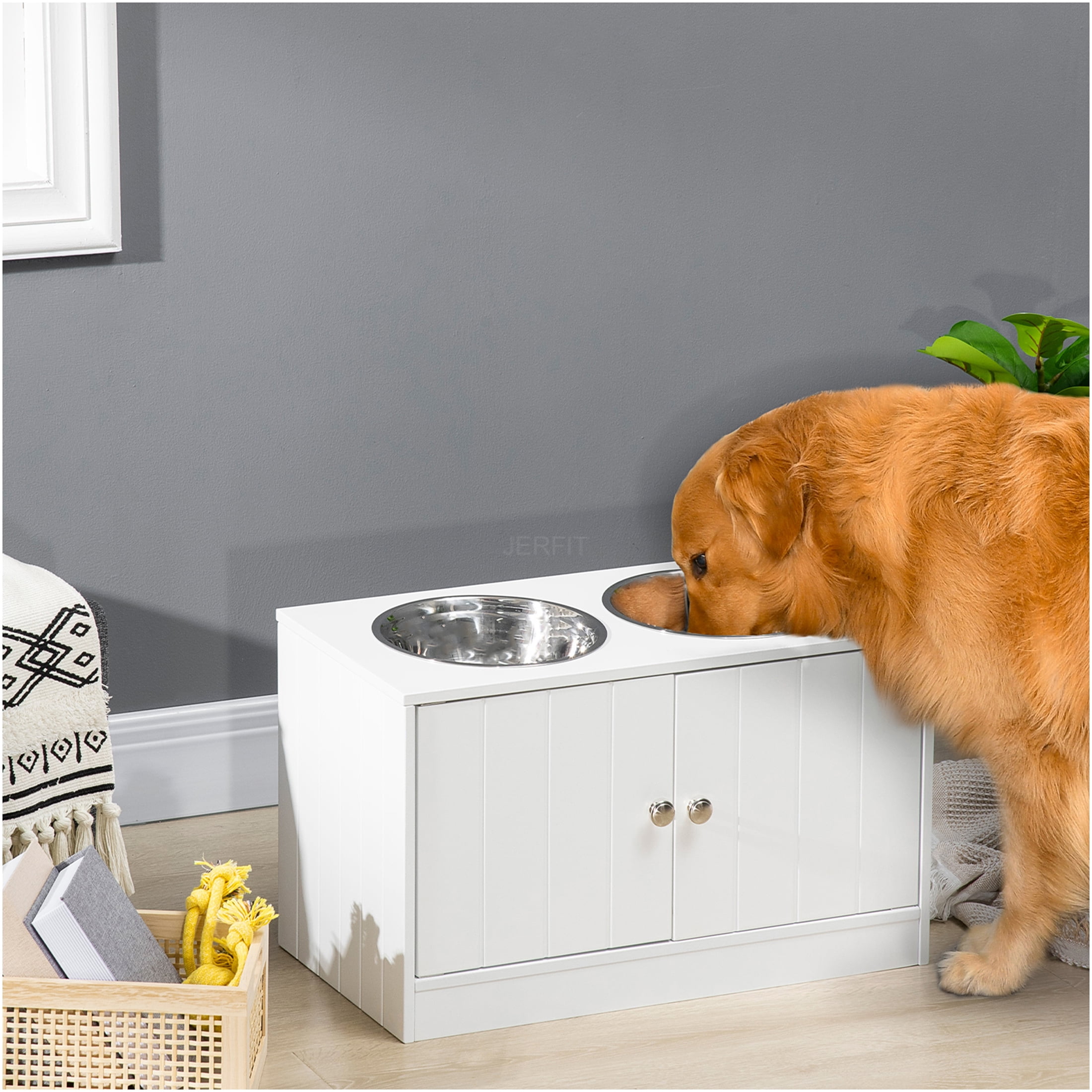 JERFIT 44L Elevated Dog Feeder with Storage Cabinet, Raised Dog Bowl Stand for Large Dogs, Stainless Steel Bowls, Magnetic Closure, White