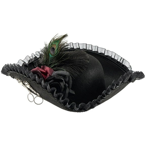 Halloween Pirate Hat Vintage Lace Trim Tricorn Hat with Feather Prop for Adults Halloween Accessory