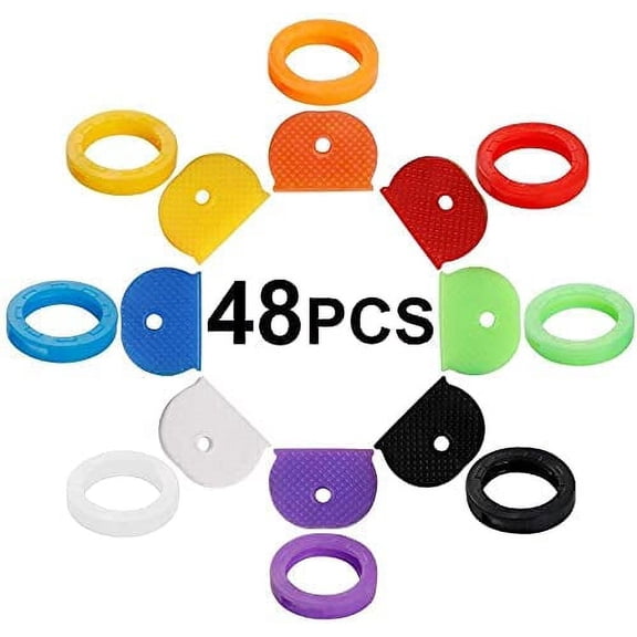 48PCS Key Caps Covers, Key Caps Key Rings Combination Set Key Identifier Label Coding Rings to Identify Your Keys in 8 Assorted Colors, 2 Styles