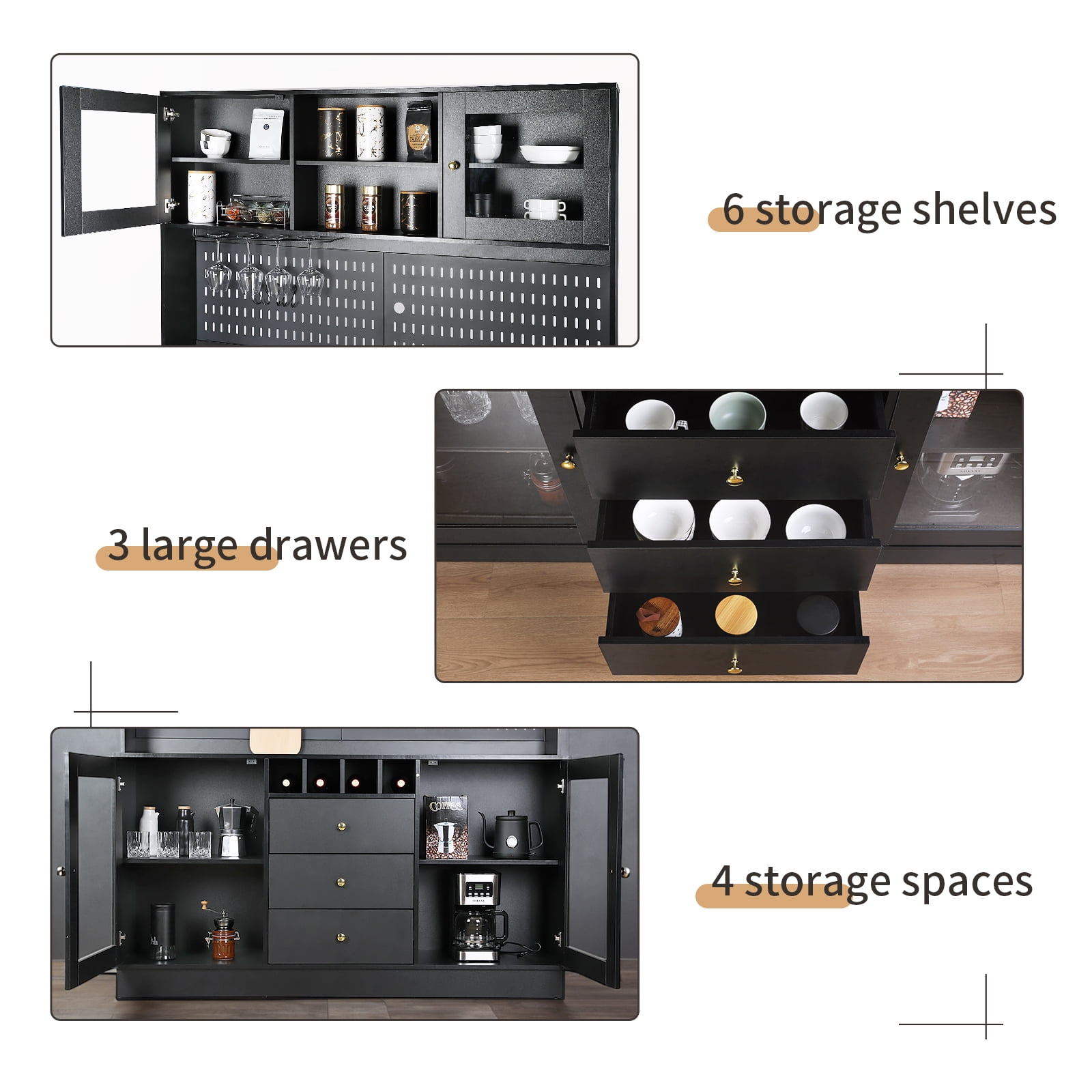 RichYa Kitchen Pantry 63" Spacious Countertop Hutch Cabinet with 3 Drawers Wine Bottle Rack Cup Holder & Power Strip Black