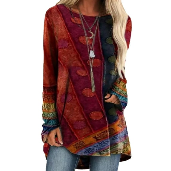 Gvmfive Women Ethnic Print Long Sleeve Round Neck Casual Loose Tops