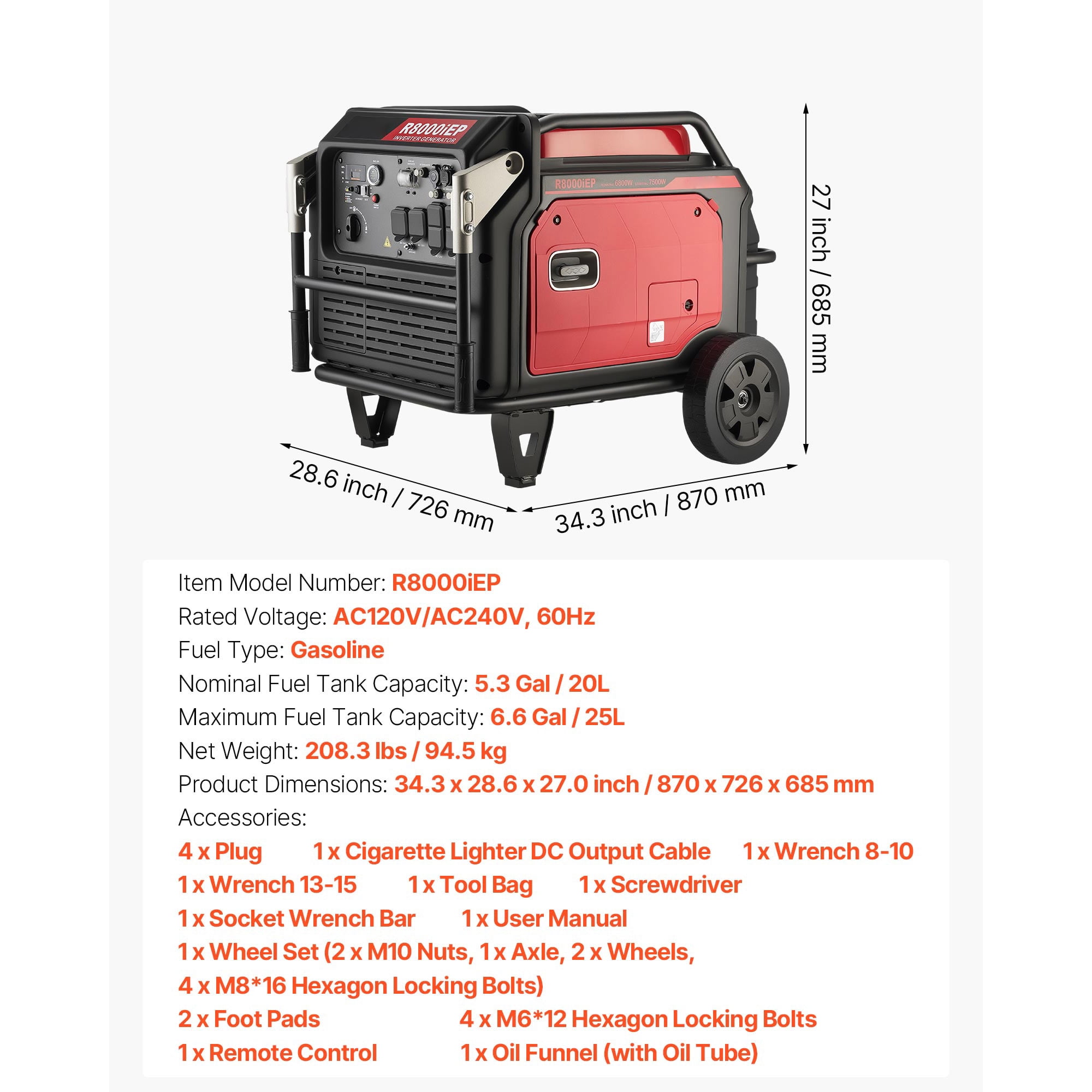 KFFKFF Portable Gas-Powered Inverter Generator, 10000W Peak Watt 6800W Operating Watt, Quiet Operation with Remote Start, Ideal for Home and Outdoor Use, Stable Performance, CO Sensor, RV-Compatible