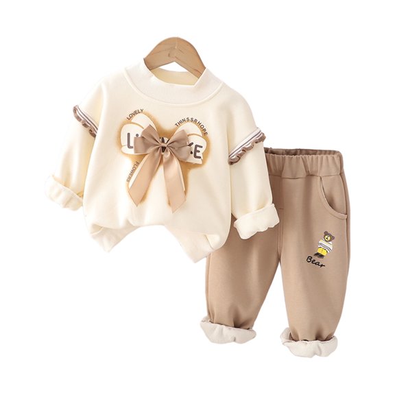 Lovskoo 6M-3T Toddler Infant Baby Boy Girl Fall Winter Outfit Cute Bow Sherpa Fleece Sweater Pullover Tops Solid Pants Warm Clothes Set Khaki