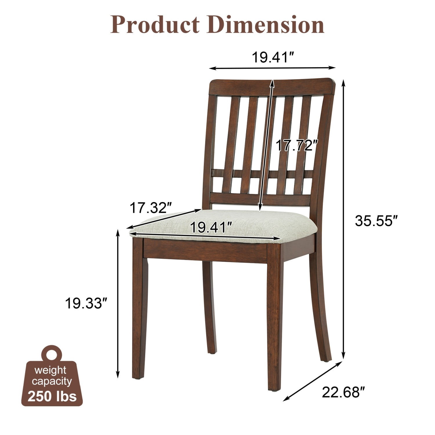 Modern Scandinavian Dining Chairs Set of 2 Curved Wood Backrest Fabric Seat Rubber Wood Frame Kitchen Chairs for Dining Room Apartment, Brown