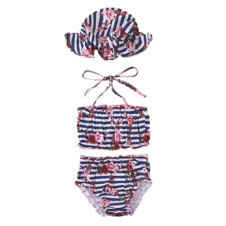 

ZIYIXIN Infant Baby Girl Bikini Swimsuit Floral Print 3 Piece Bathing Suit Halter Top Bikini Bottoms Swimming Suit Navy Blue 6-12 Months