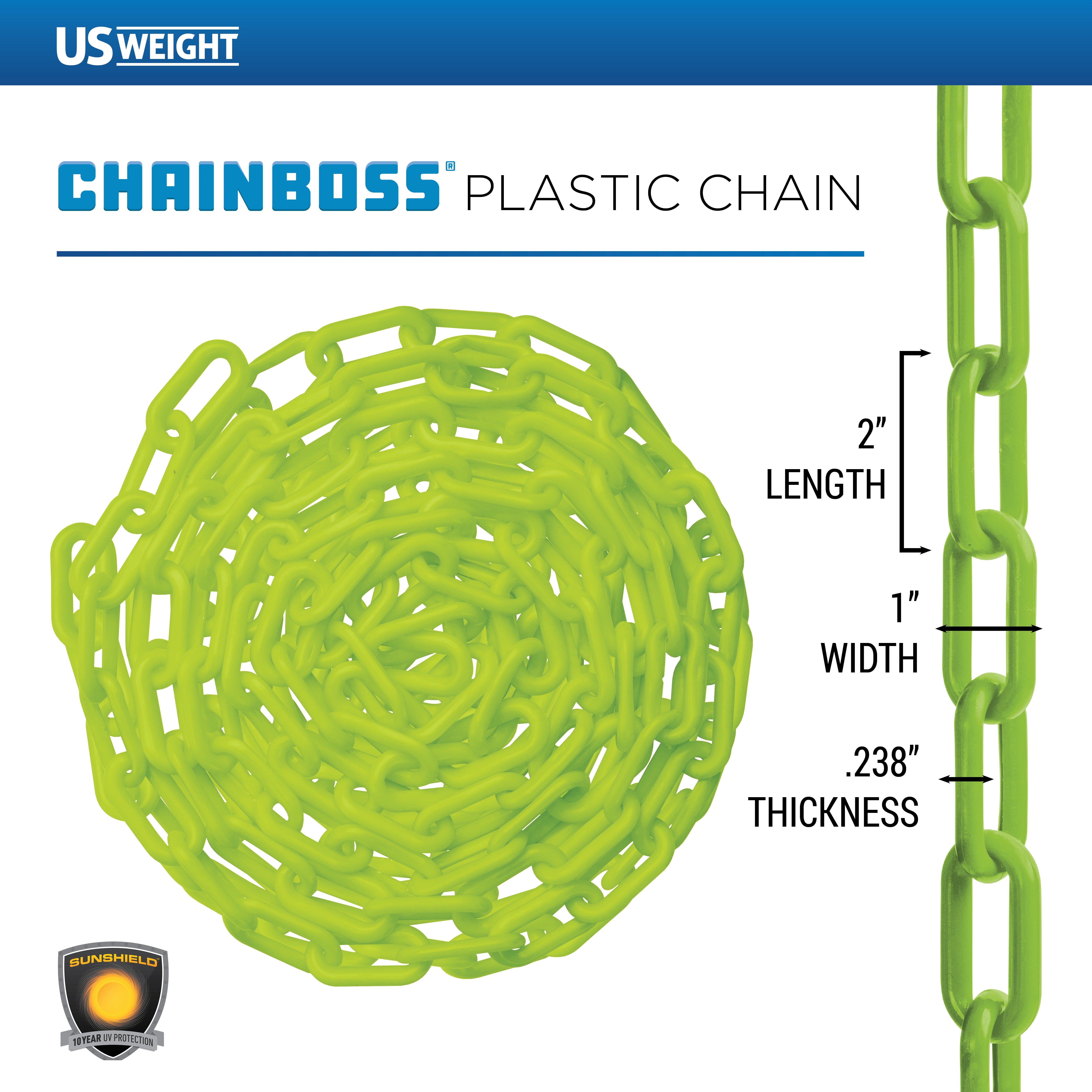 US Weight Chainboss 2" x 25' Safety Green Plastic Safety Chain with SunShield UV Resistant Technology