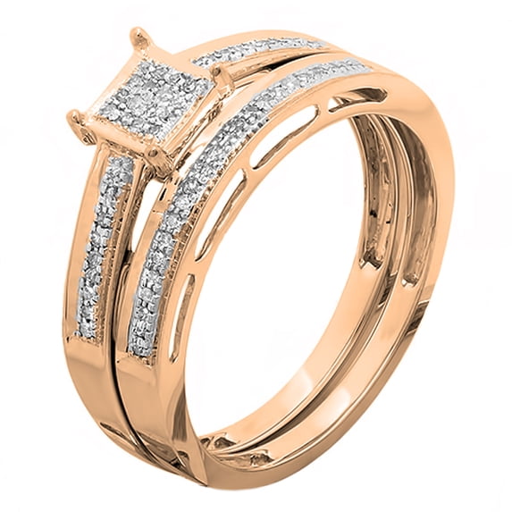 0.10 Carat (ctw) 14K Rose Gold Round Cut White Diamond Ladies Bridal Engagement Ring With Matching Wedding Band Set 1/10