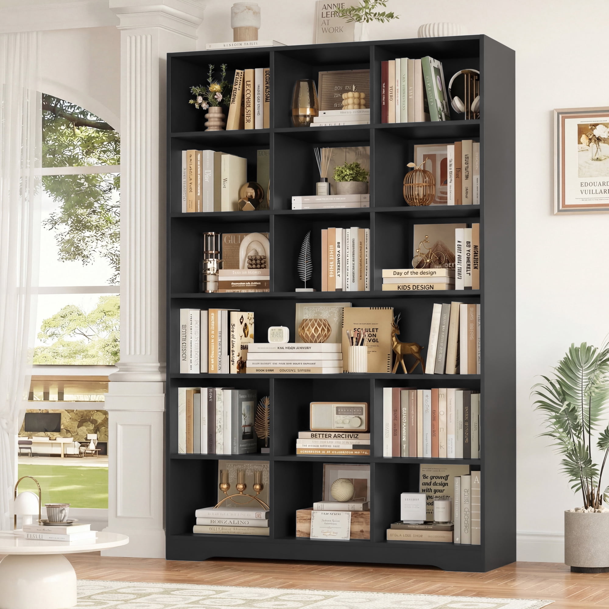 Hiphuta 76"H x 47"W Wood 6-Tier Standard Bookcase, Tall Bookcase for Bedroom, Freestanding 18 Cubes Display Storage Shelves, Living Room and Office, Black