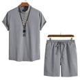 thumbnail image 4 of Birdeem Ensemble 2 Pcs d'Été pour Hommes Col Montant Mode Chemise Décontractée Manches Courtes et Shorts Ensemble Col Rabattu, 4 of 12