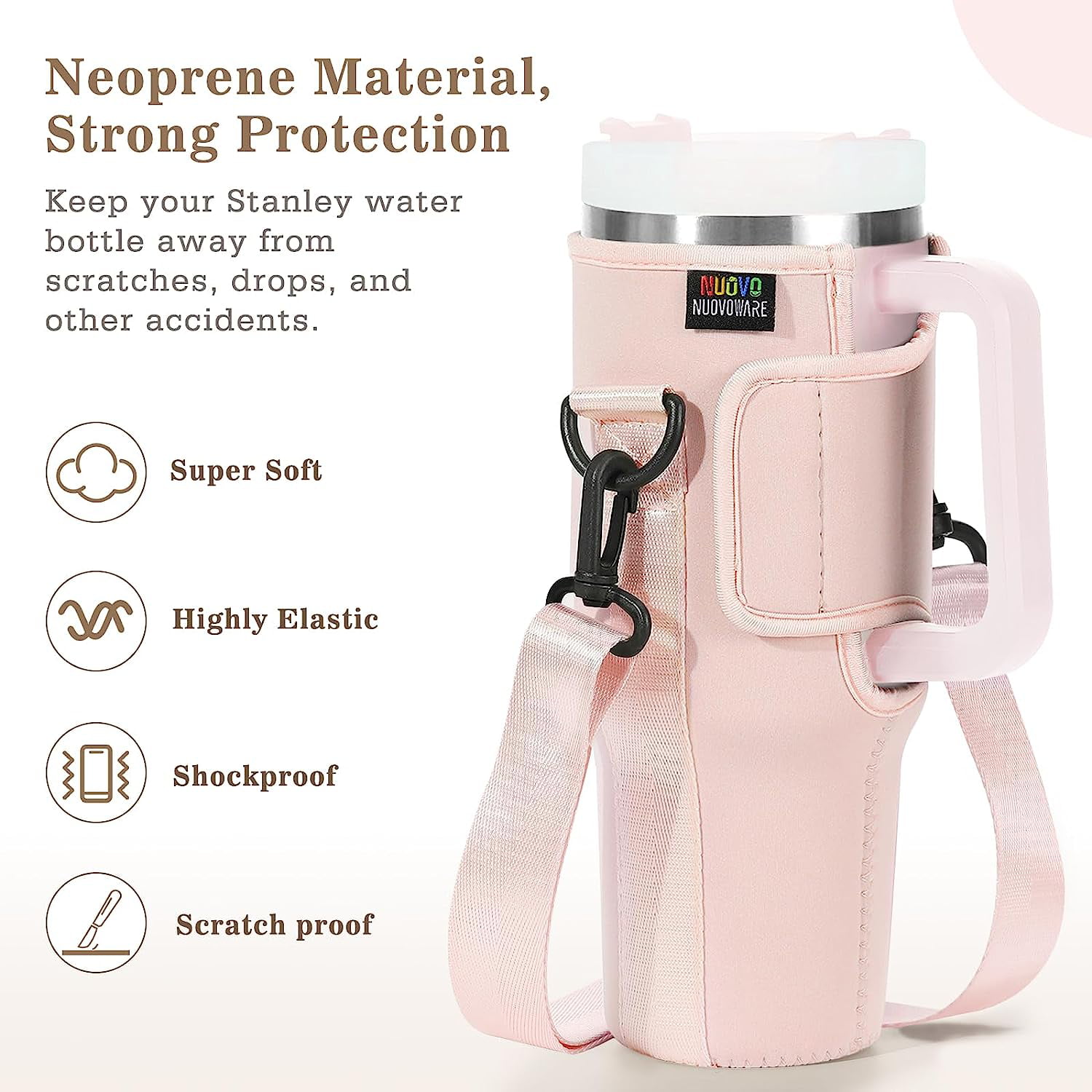 Nuovoware Water Bottle Carrier Bag Compatible with Stanley Quencher NeopreneH2.0 40oz Bottle Holder with Adjustable Shoulder Strap, for Hiking