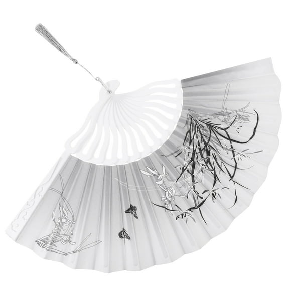 Worgeous Chinese Foldable Hand Fan with Tassels for Decoration and Party Supplies Black Plastic Silk Cloth