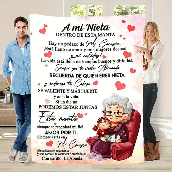 1pc Comfortable Cartoon Grandma Encouragement Heart Flannel Throw Blanket - Soft, Warm, All-Season Gift for Granddaughter, Sofa, Bed, Office, Travel