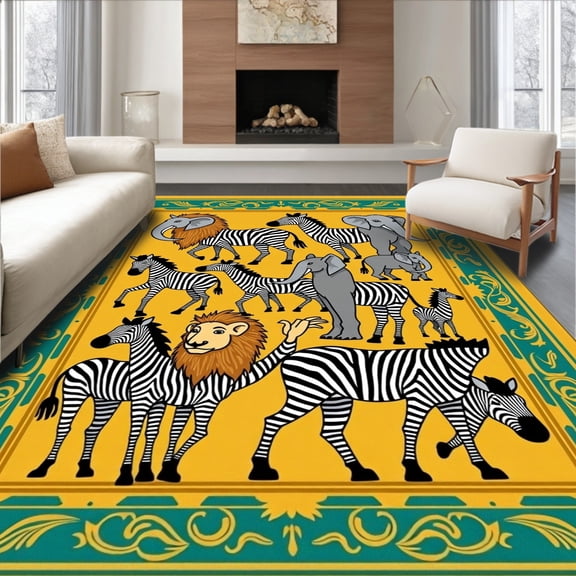 ODIKA 4'x6' Machine Washable Non-Slip Area Rug, Safari Adventure Wilderness Creatures with Zebra Lion Elephant Design High Traffic Rug, Yellow, 681941