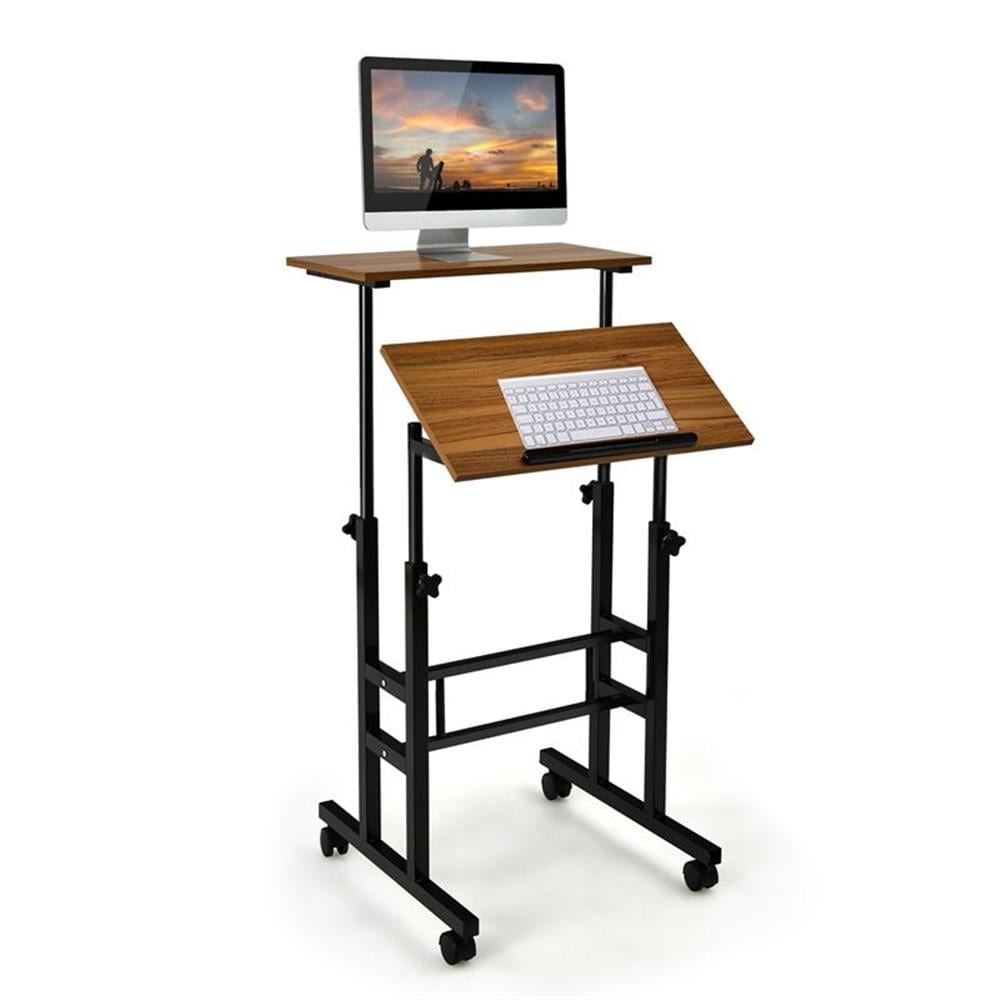 Pemberly Row MDF and Steel Adjustable Rolling Mobile Standing Desk in Walnut