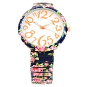 navy blue roses floral print large face easy to read stretch band extension womens watch