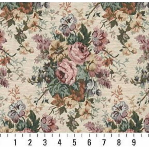 H120 Pink Green and Burgundy Floral Bouquet Tapestry Upholstery Fabric by The Yard