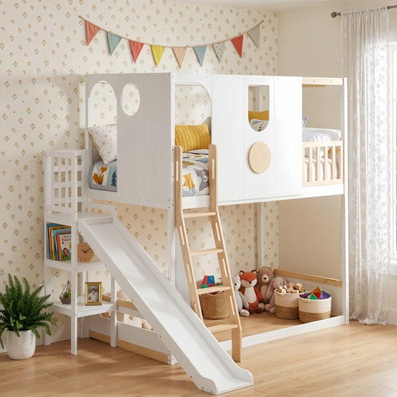 Twin Size Versatile Kids Loft/Bunk Bed with Floor Bed, House Bed Frame with Slide, Storage Shelves and Guardrails