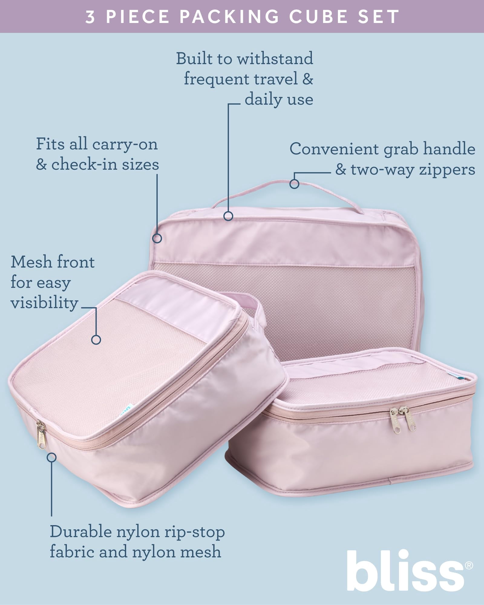 Bliss Packing Cubes for Travel - 3 Piece Compression Packing Cubes Travel Bags Organizer for Luggage