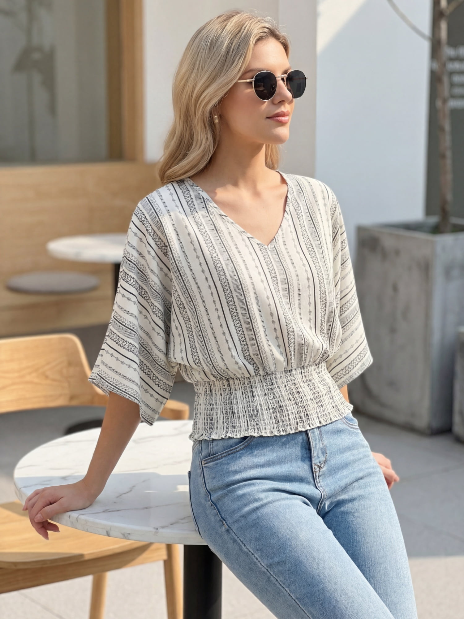 DARING DIVA Women's V Neck Chiffon Smocked Batwing Blouses XS Apricot