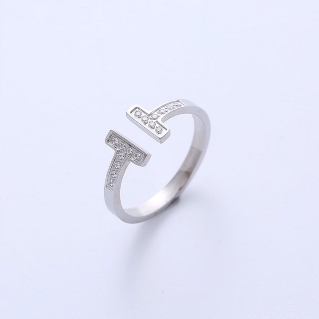 Anillo abierto con incrustaciones de circonitas de estilo moderno y fresco para estudiantes femeninas en forma de T doble, adecuado para uso diario