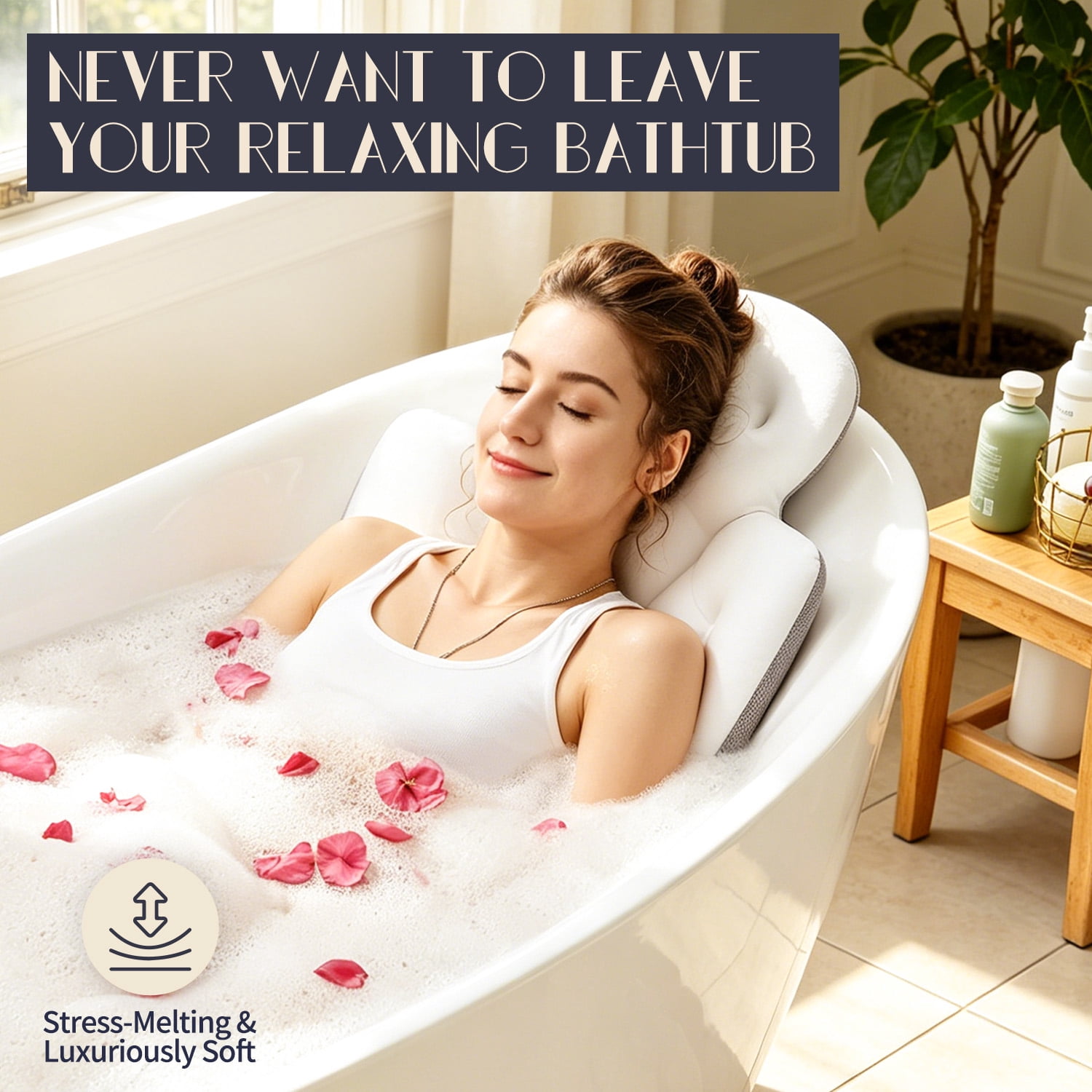 VOXOR Full Body Bath Pillow, 50"x15" x 2" Thick Bathtub Cushion with Suction Cups for Head, Neck & Back Support Pearl White