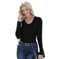 thumbnail image 2 of Womens Fall Clothes Long Sleeve Shirts Scoop Neck Ribbed Knit Slim Fitted Trendy Casual Tops Black S, 2 of 9
