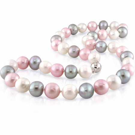 9-10mm Pink, White, and Grey Cultured Freshwater Pearl Sterling Silver Necklace