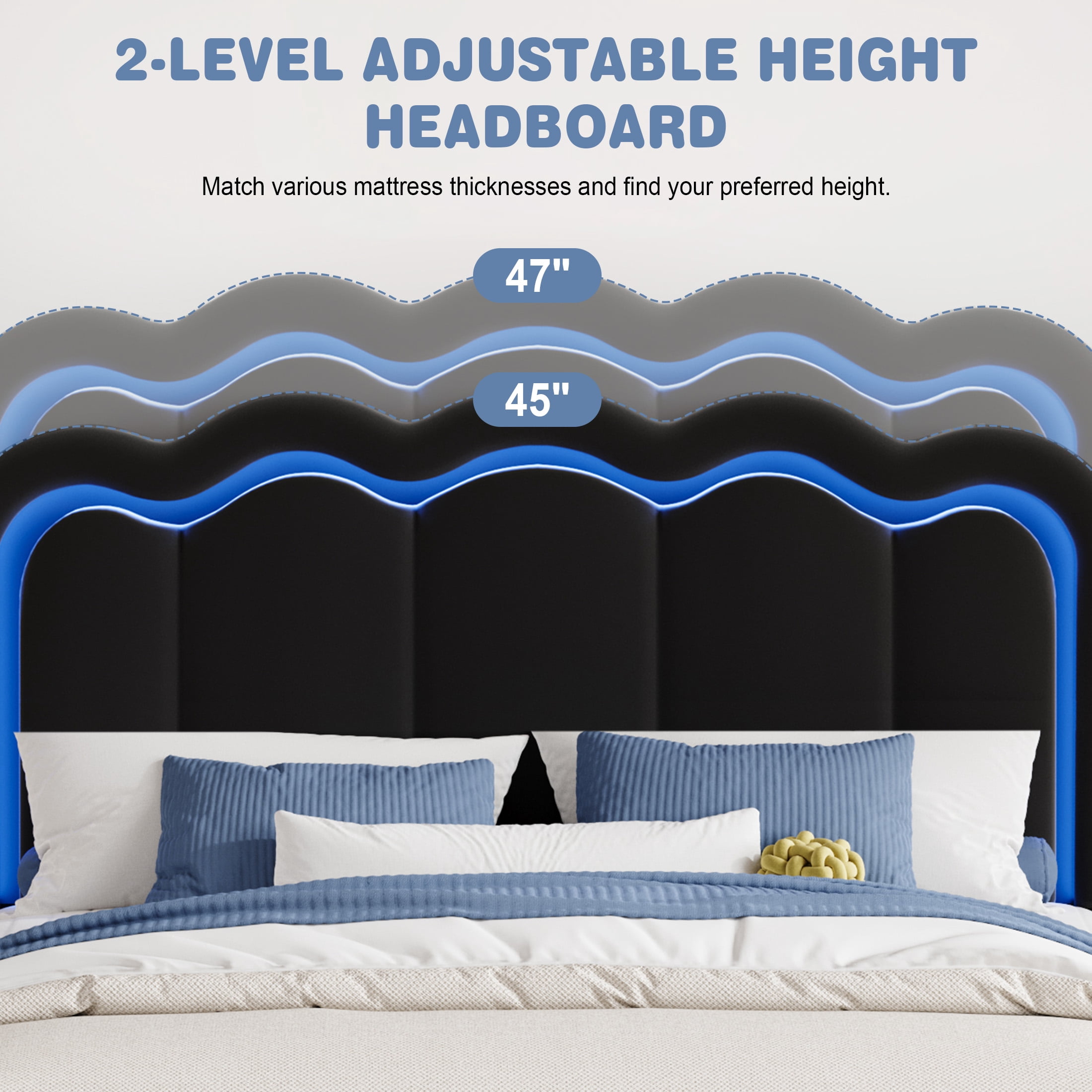 Amolife Full Size LED Bed Frame with Drawer, Platform Bed with Velvet Upholstered Adjustable Wavy Headboard, Black