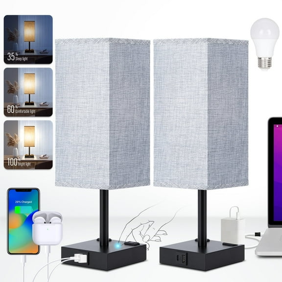 Bedside Table Lamps Set of 2 - Modern Dimmable Nightstand Lamps with USB Charging Ports & AC Outlets, Touch Control Desk Lamps for Bedroom, Living Room, Office (LED Bulb Included)