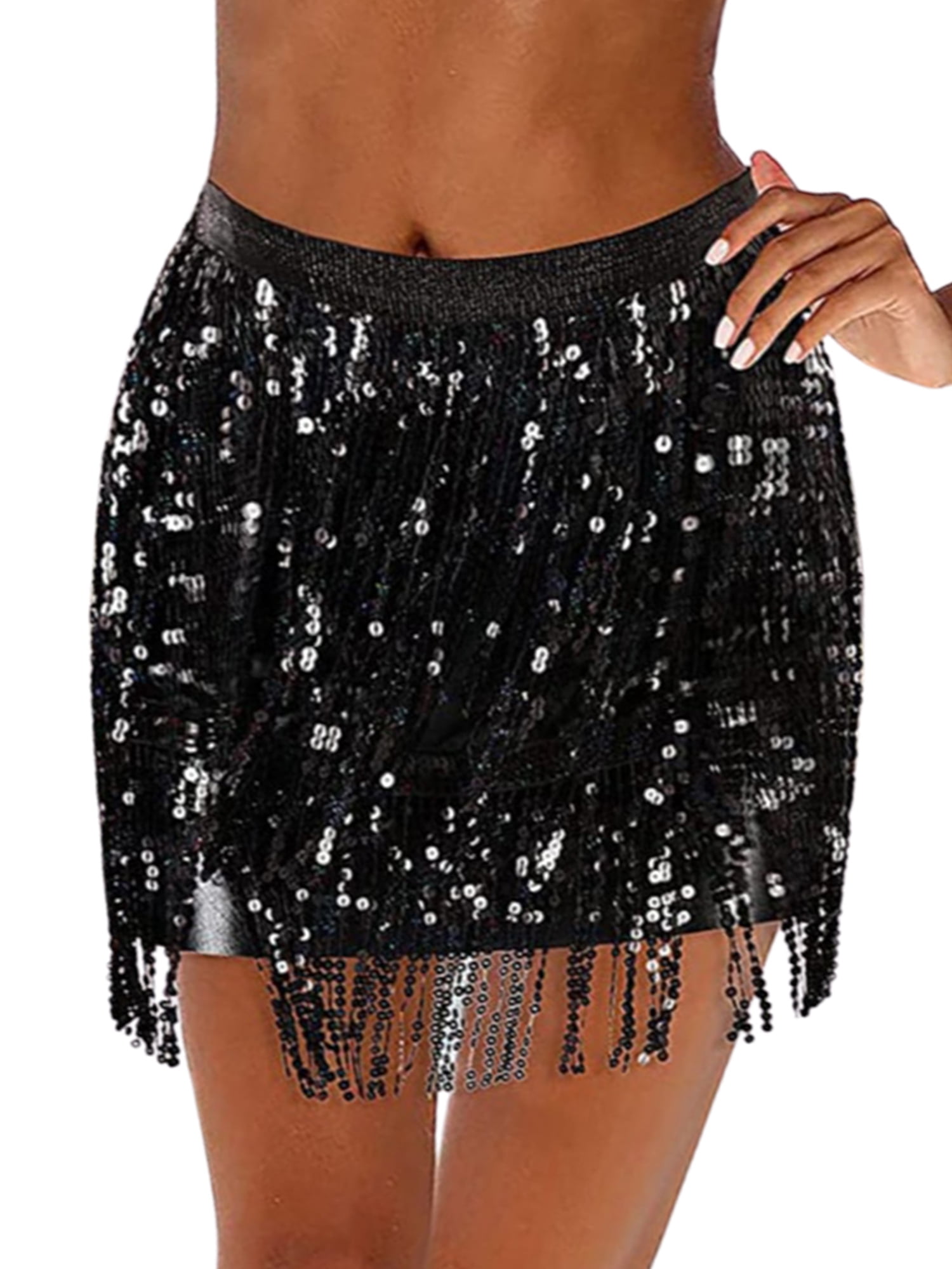 Women's Sequin Skirt with Sparkly Fringe Club Belly Dancing Skirts Hip ...