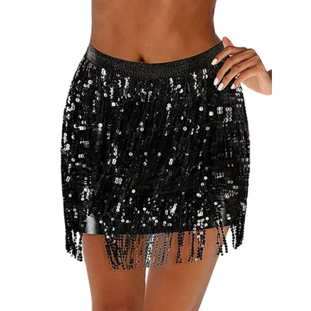 Women's Sequin Skirt with Sparkly Fringe Club Belly Dancing Skirts Hip