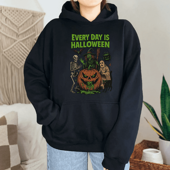 Vintage Halloween Long Sleeve Tops Every Day Is Halloween Graphic Tees Horror Charactersr Hooded Casual Sweatshirts Cotton Shirts Black,S