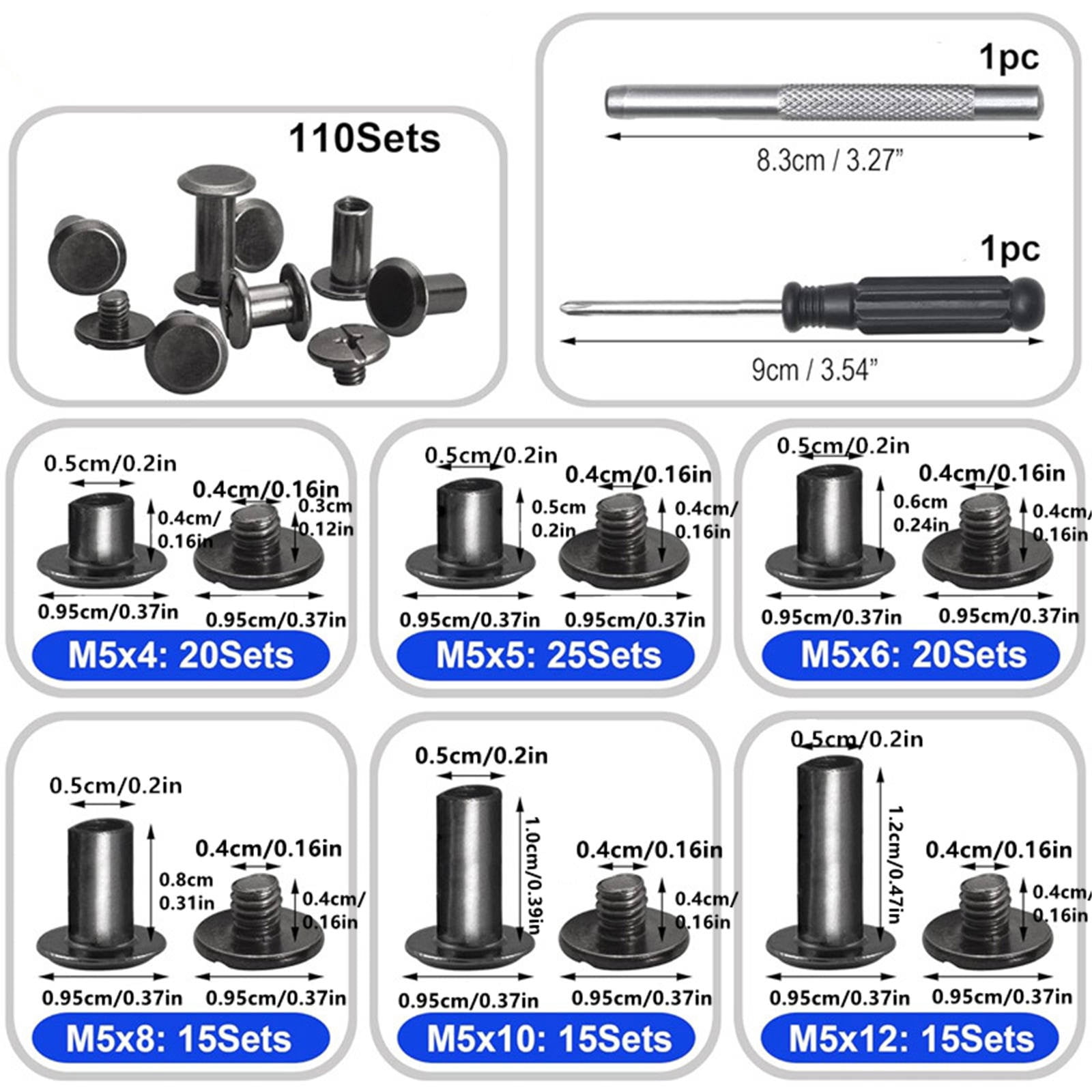 NATEFEMIN Leather Chicago Screws Binding Posts Iron 110 Sets M5 Assorted for Connecting Belts Bags