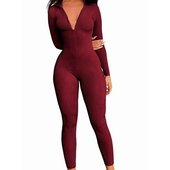 Women Long Sleeve Ribbed Jumpsuit Zip Up Front Workout Bodycon Romper Wine Red L