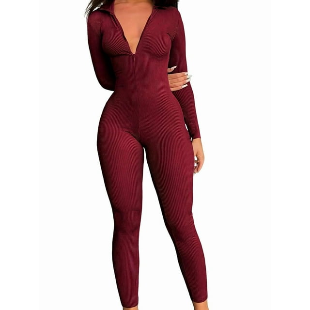 Mono Ajustado de Larga Acanalado con Cremallera Frontal para Mujer Vino Tinto XL