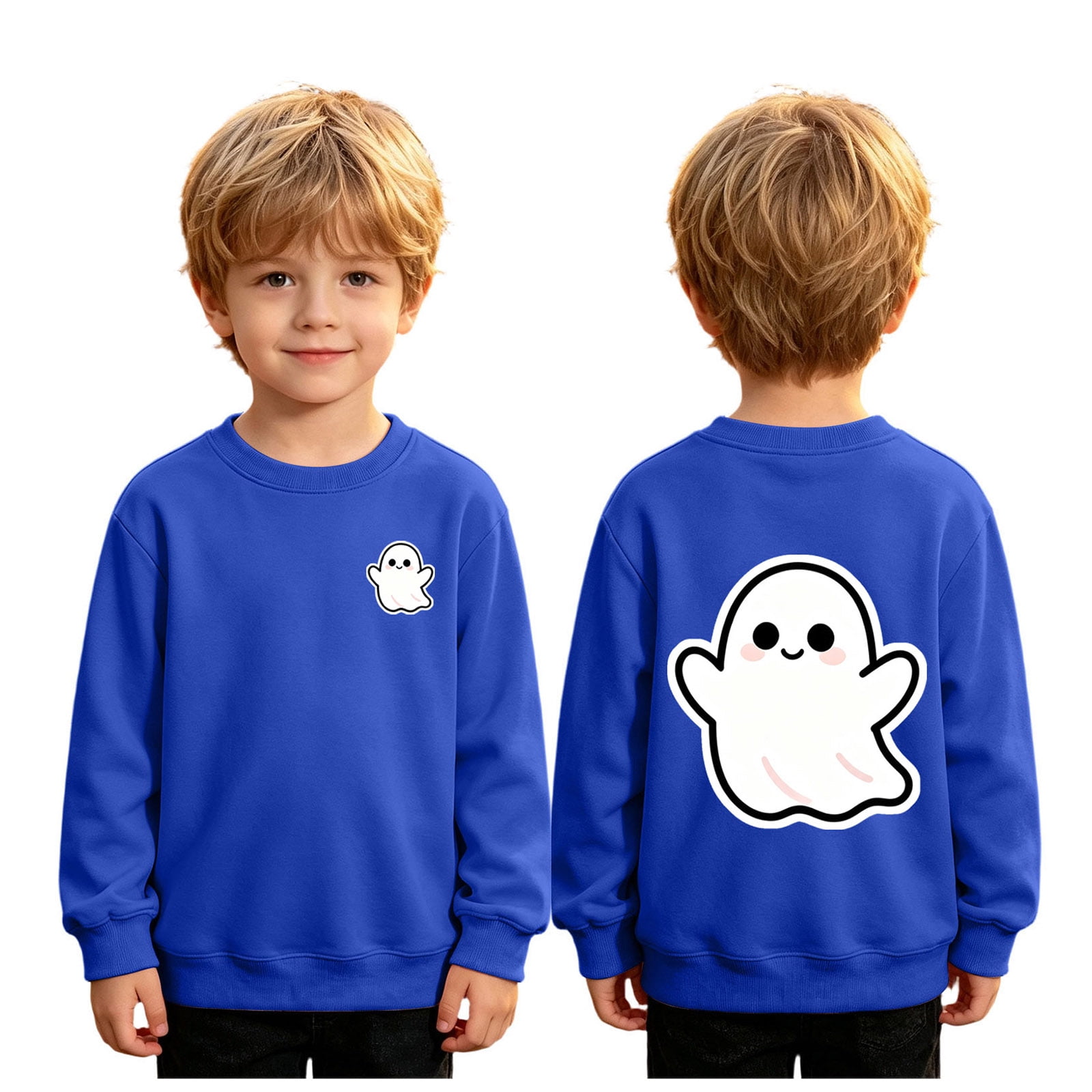 Pandaie Kids Spooky Print Crew Neck Sweatshirt Teen Cotton Pullover Tops Fall Daily Holiday Casual Attire Blue 5-6 Years
