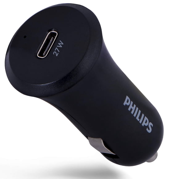 Philips 27W USB-C Car Charger, for iPhone 12/11/Pro/Max/XS/XR/X/8, iPad Pro/Air/Mini, MacBook Air, Samsung Galaxy S21/S10/S9/Plus, Google Pixel 5/C/3/2/XL, Black, DLP2559Q/37