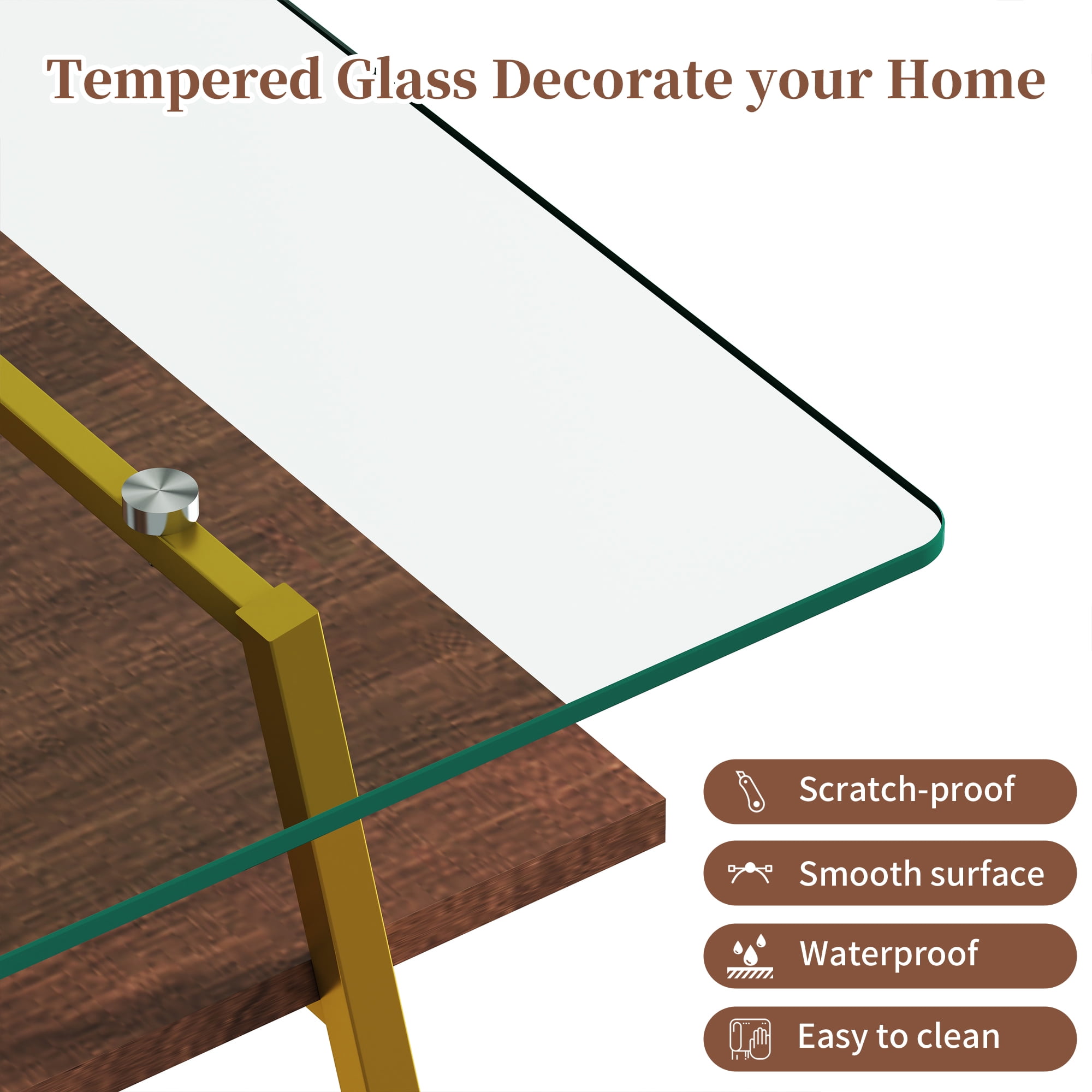 Miniyam Modern Glass Coffee Table for Living Room with Tempered Glass Top, MDF Storage Shelf and Metal Legs, Clear&Gold