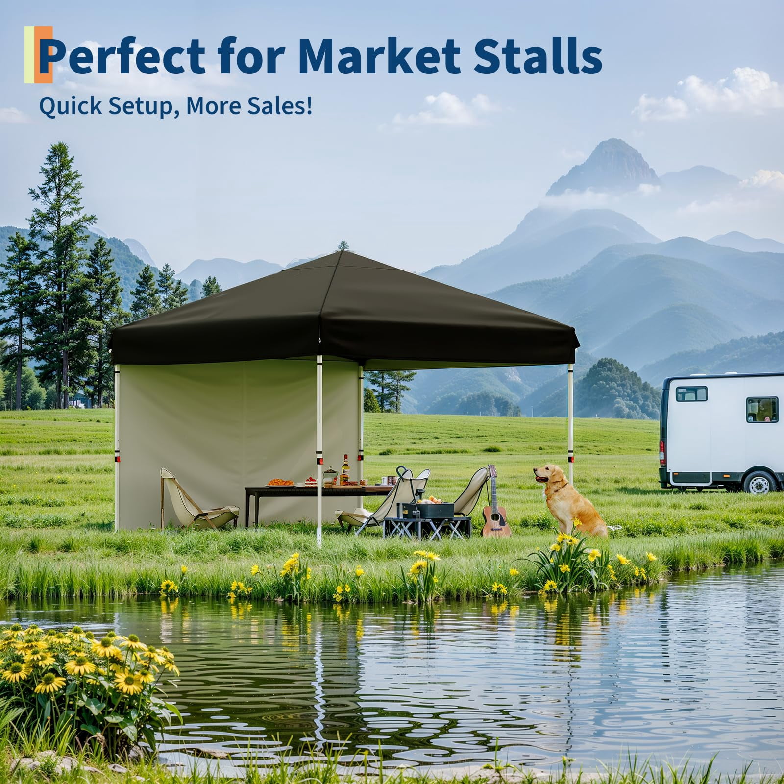 Heavy Duty Pop Up Canopy Tent 10x10 FT – Waterproof Outdoor Shelter with UV Protection – Collapsible 210D Oxford – Center Lock – 1 Sidewall – Easy Setup for Picnics, Camping, Beach, Events – Black